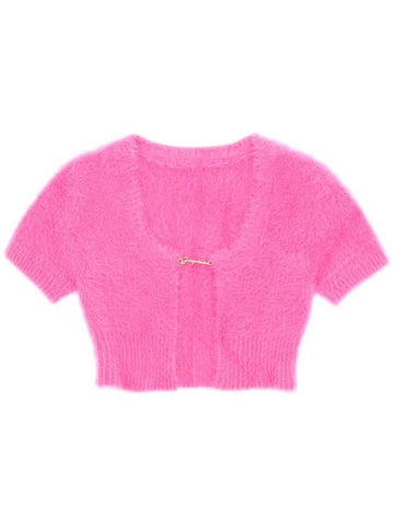 La Maile Neve Logo Charm Fluffy Crop Cardigan Pink - JACQUEMUS - BALAAN.