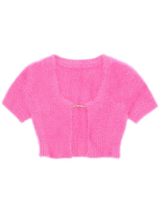 La Maile Neve Logo Charm Fluffy Crop Cardigan Pink - JACQUEMUS - BALAAN 1