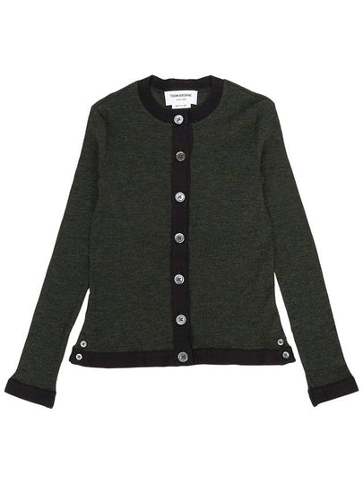 Wool Ribbed Contrast Trim Crewneck Cardigan Dark Green - THOM BROWNE - BALAAN 2