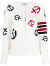 Cotton Anchor Intarsia 4 Bar Crew Neck Cardigan White - THOM BROWNE - BALAAN 1