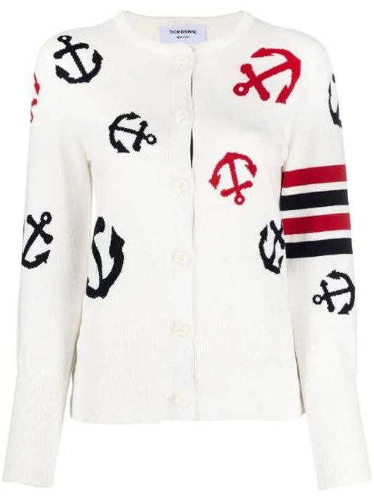 Cotton Anchor Intarsia 4 Bar Crew Neck Cardigan White - THOM BROWNE - BALAAN.