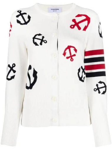 Cotton Anchor Intarsia 4 Bar Crew Neck Cardigan White - THOM BROWNE - BALAAN 1