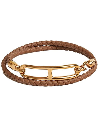 Roulis Double Tour Leather Bracelet Gold Brown - HERMES - BALAAN 1