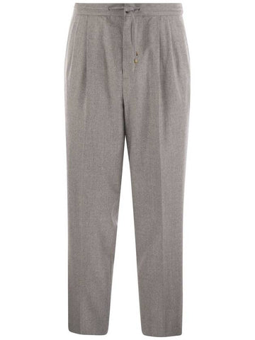 Leisure fit trousers in virgin wool flannel with drawstring and double darts - BRUNELLO CUCINELLI - BALAAN 1