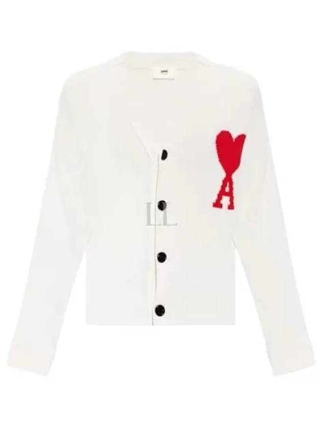 Heart Logo V Neck Wool Cardigan Off White - AMI - BALAAN 2