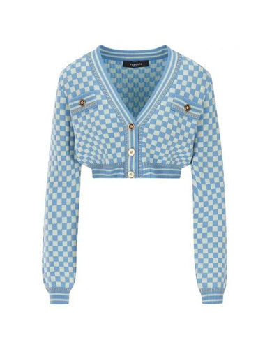 Check Crop Wool Cardigan Sky Blue - VERSACE - BALAAN 1