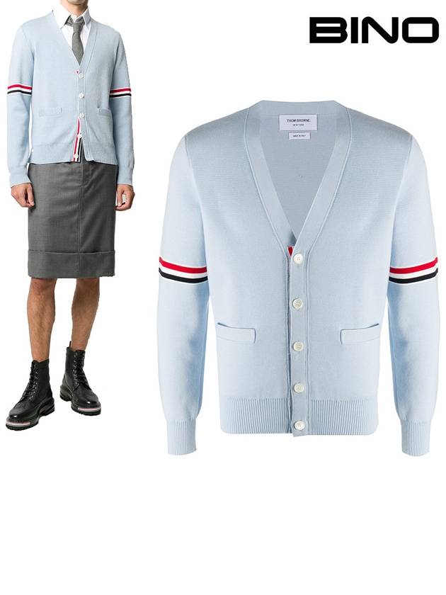 Milano Stitch Sprite Armband Cotton V-neck Cardigan Light Blue - THOM BROWNE - BALAAN 2