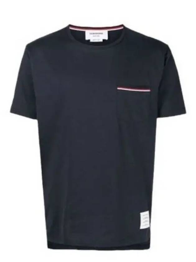 Men's Medium Weight Jersey Tipped Pocket Crewneck Short Short Sleeve T-Shirt Navy - THOM BROWNE - BALAAN 2