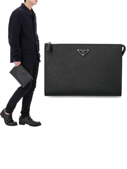 Men's Saffiano Leather Clutch Bag Black - PRADA - BALAAN 2