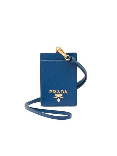 Saffiano Leather Neck Strap Card Wallet Blue - PRADA - BALAAN 1