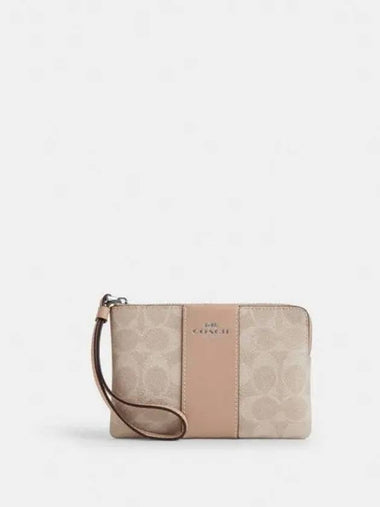 Signature Stripe Corner Zipper Medium Wallet Taupe Sand - COACH - BALAAN 1