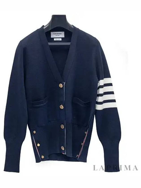 Milano Stitch 4 Bar Classic V Neck Fine Merino Wool Cardigan Navy - THOM BROWNE - BALAAN 2