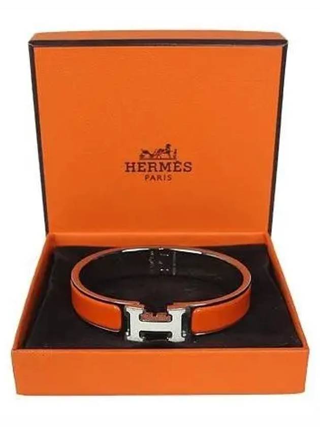 CLIC Click Ash silver white logo orange color PM bangle bracelet - HERMES - BALAAN 1