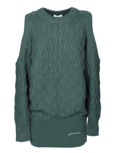 Cable Open Shoulder Long Sleeve Knit Top Green - GANNI - BALAAN 1