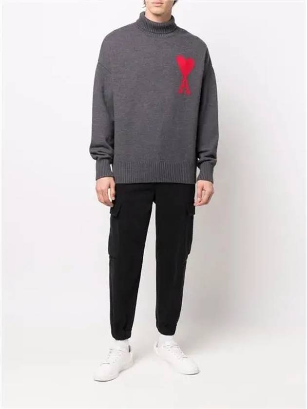 Big Heart Logo Wool Knit Turtleneck Grey - AMI - BALAAN 3