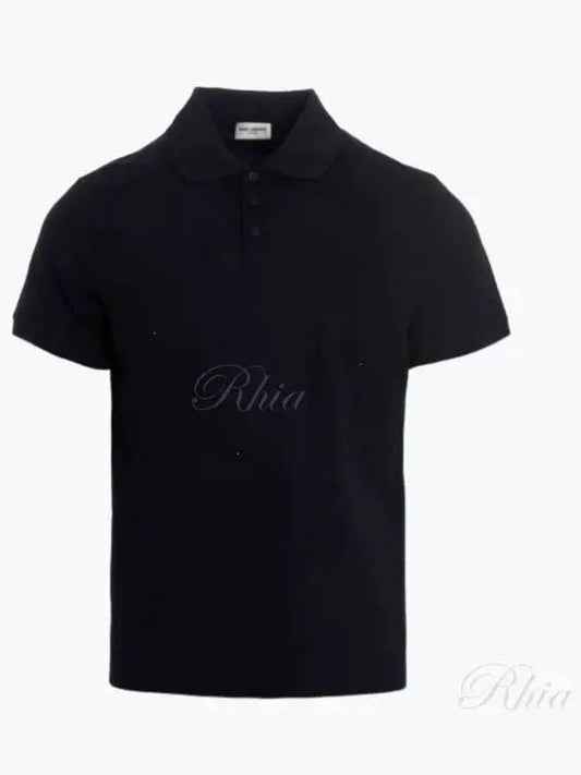 Men's Monogram Cotton Short Sleeve Polo Shirt Navy - SAINT LAURENT - BALAAN 2