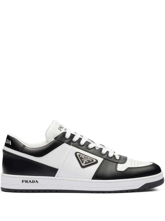 Men's Downtown Triangle Logo Leather Low Top Sneakers Black White - PRADA - BALAAN 2