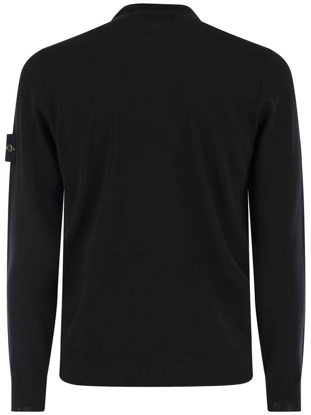 Logo Patch Crewneck Virgin Wool Knit Top Black - STONE ISLAND - BALAAN 3