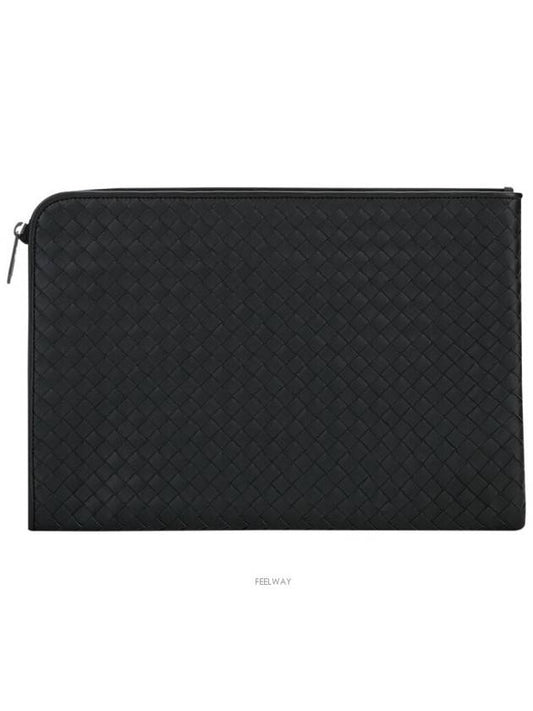 Intrecciato Weaving Zipper Medium Clutch Bag Black - BOTTEGA VENETA - BALAAN 2