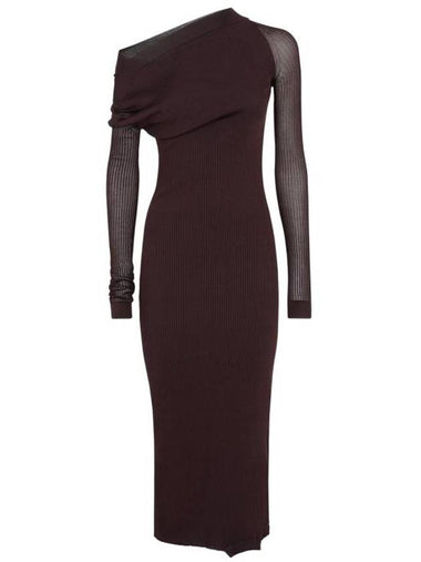 Yarn Asymmetric Neck Midi Dress Dark Purple - FENDI - BALAAN 1