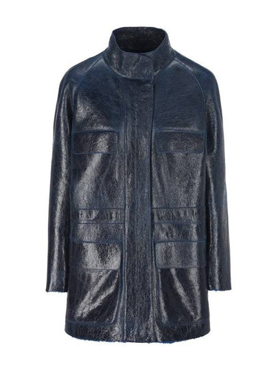 High Neck Leather Jacket Dark Blue - FENDI - BALAAN 2