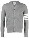 4-Bar Striped Waffle High V-Neck Cardigan Light Grey - THOM BROWNE - BALAAN 3