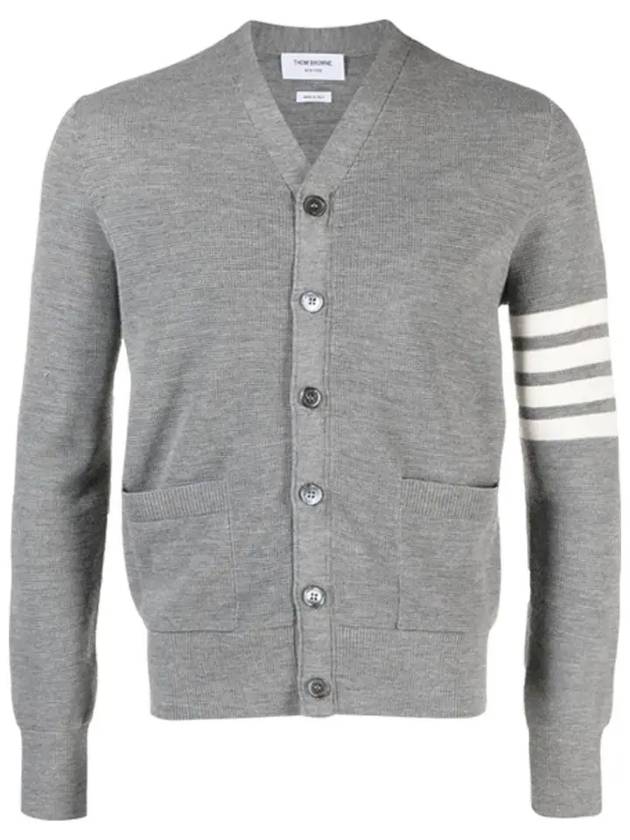 4-Bar Striped Waffle High V-Neck Cardigan Light Grey - THOM BROWNE - BALAAN 3