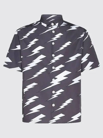 Men's Thunder Printing Gray Short Sleeve Shirt PBCM124 U017 3538 - NEIL BARRETT - BALAAN 1