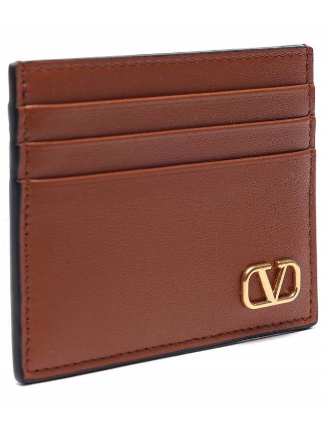 Gold V Logo Signature Leather Card Wallet Brown - VALENTINO - BALAAN 4