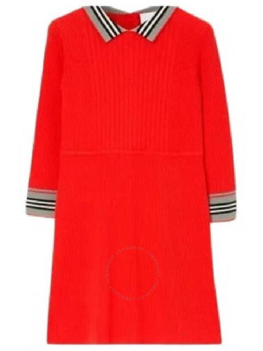 Burberry Girls Annalisa Scarlet Orange Iconic Striped Wool Dress Size 10Y - BURBERRY - BALAAN 1