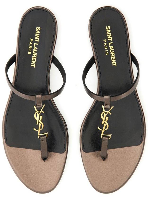 Cassandra Slide Leather Flip Flops Brown - SAINT LAURENT - BALAAN 3