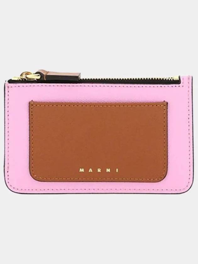 Saffiano Two-Tone Zipper Card Wallet Pink Brown - MARNI - BALAAN 2