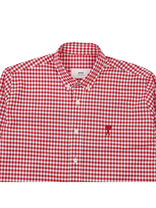 Small Heart Logo Gingham Button Long Sleeves Shirt Red - AMI - BALAAN 4