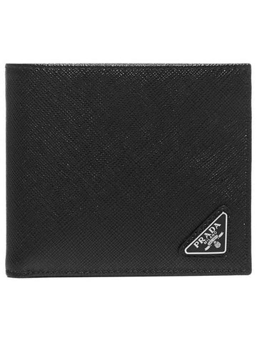 Saffiano Coin Pocket Triagle Logo Leather Wallet Black - PRADA - BALAAN.