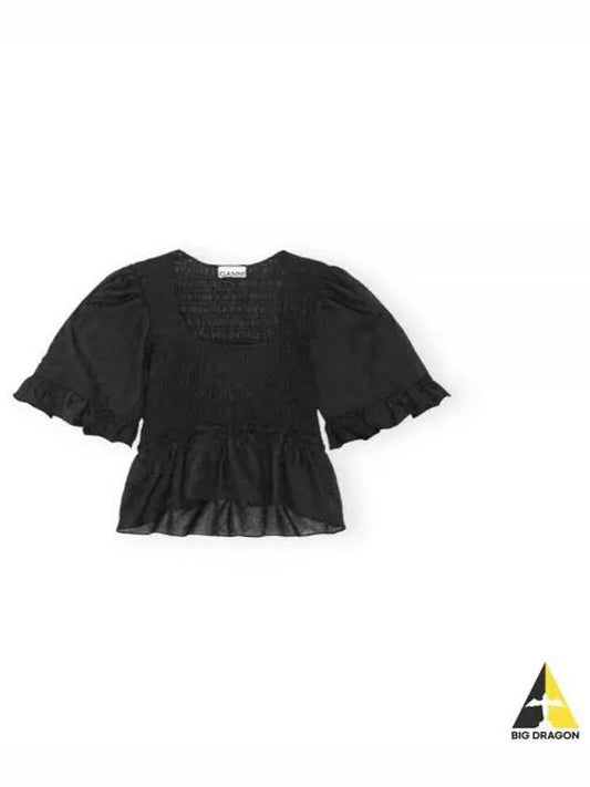 Crinkled Georgette Smock Blouse Black - GANNI - BALAAN 2