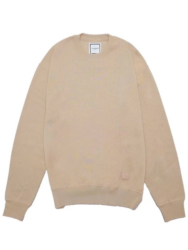 Men's Leather Patch Crew Neck Wool Sweat Knit Beige W231KN03502E - WOOYOUNGMI - BALAAN 1