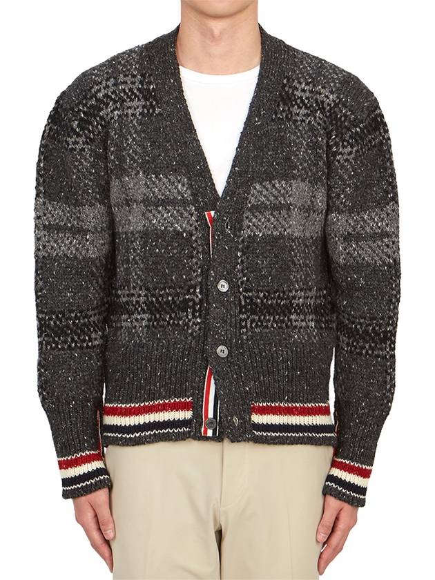 Donegal Tartan Stripe V-Neck Cardigan Grey - THOM BROWNE - BALAAN 2