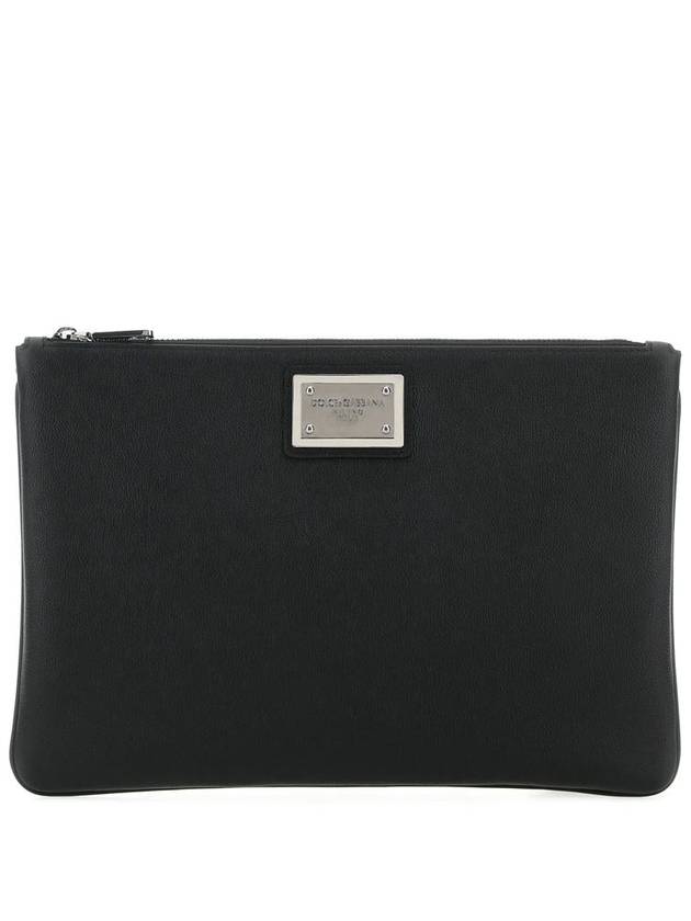 Metal Logo Grain Calfskin Clutch Bag Black - DOLCE&GABBANA - BALAAN 2