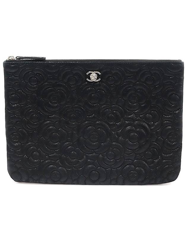 Black Goat Skin Camellia Silver CC Flower New Medium Clutch 22nd - CHANEL - BALAAN 1