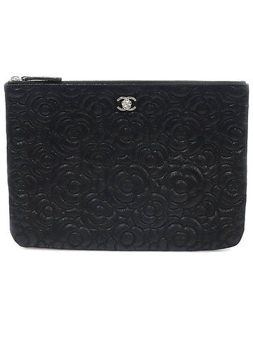 Black Goat Skin Camellia Silver CC Flower New Medium Clutch 22nd - CHANEL - BALAAN 1