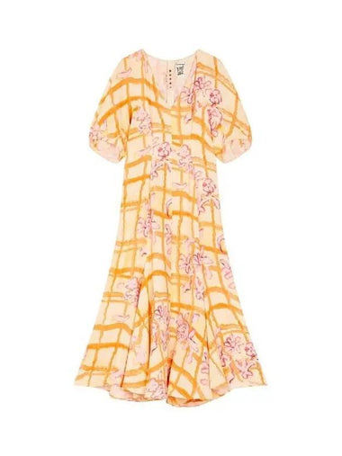 Flower Check Balloon Sleeve Dress Orange - MARNI - BALAAN 1