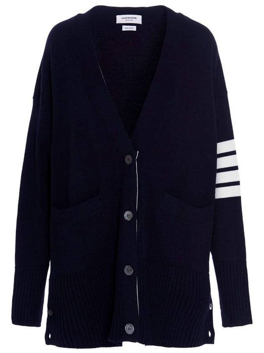 Fine Merino Wool 4-line Oversized Fit V-neck Cardigan Navy - THOM BROWNE - BALAAN