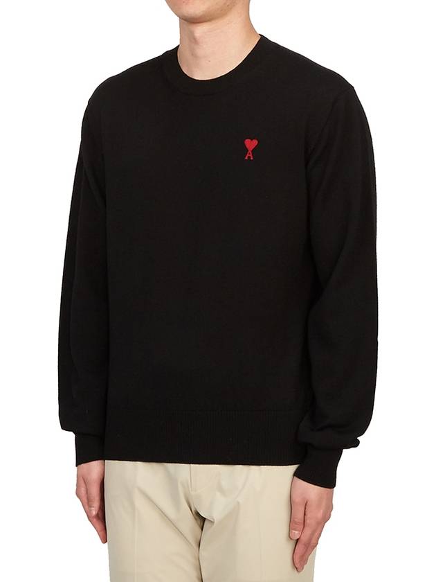 Heart Embroidered Logo Crew Neck Knit Top Black - AMI - BALAAN 3