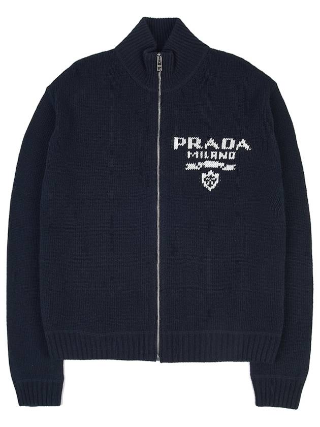 Men's Logo Zip-up Wool Cashmere Cardigan Navy - PRADA - BALAAN 10