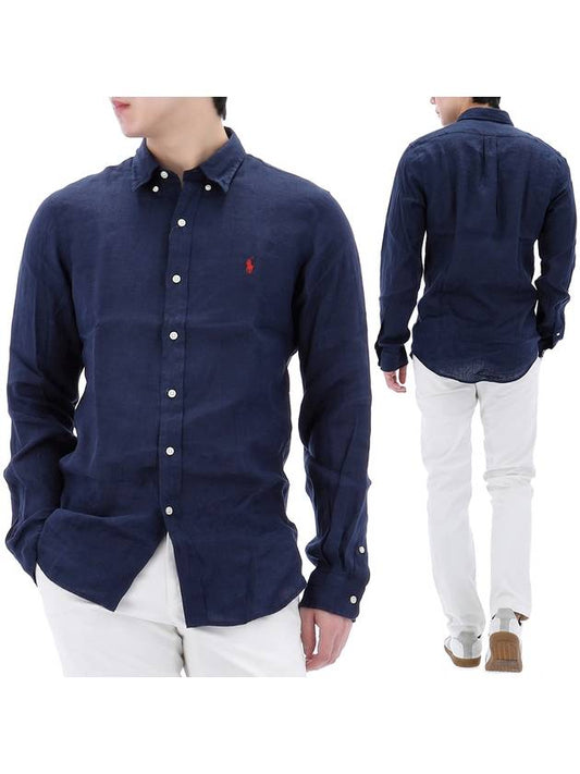 Embroidered Pony Linen Long Sleeve Shirt Navy - POLO RALPH LAUREN - BALAAN 2