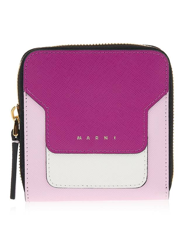 Logo Printed Round Zip Leather Half Wallet Pink - MARNI - BALAAN 1