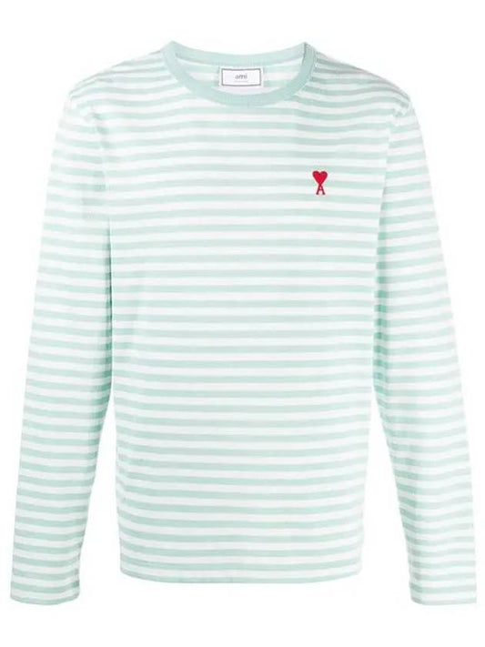 Small Heart Logo Stripe Long Sleeve T-shirt Green - AMI - BALAAN 2