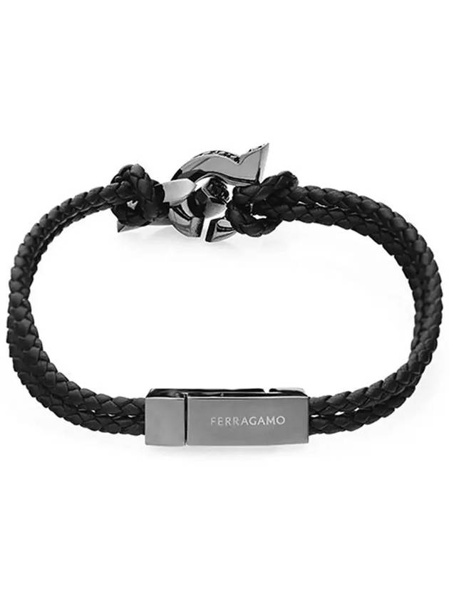 Gancini Double Braid Large Leather Bracelet Black - SALVATORE FERRAGAMO - BALAAN 5