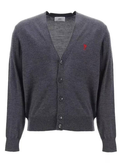 Red Heart Logo Merino Wool Cardigan Heather Grey - AMI - BALAAN 2