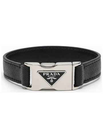 Triangle Logo Buckle Saffiano Leather Bracelet Black - PRADA - BALAAN 1